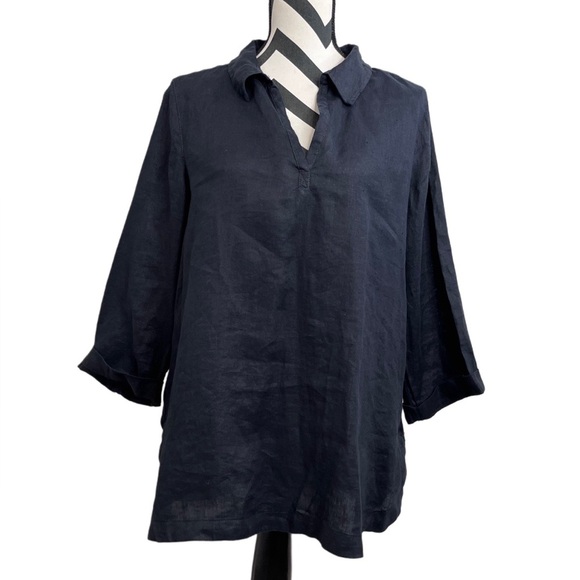 Isaac Mizrahi 100% Linen Black Minimalist Contemporary 3/4 Sleeve Tunic Top - Picture 3 of 14